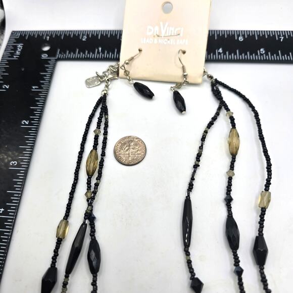 Vintage Necklace Set DaVinci Three Strand Black Seed Beads Dangle Earrings - Picture 2 of 5